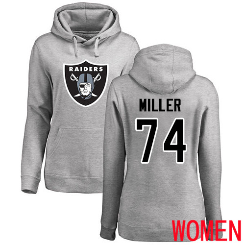 Oakland Raiders Ash Women Kolton Miller Name and Number Logo NFL Football #74 Pullover Hoodie Sweatshirts->nfl t-shirts->Sports Accessory